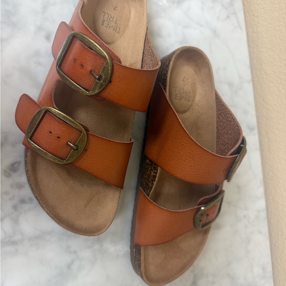 Time and Tru Orange Leather-Look Double Buckle Slide Mules❣️